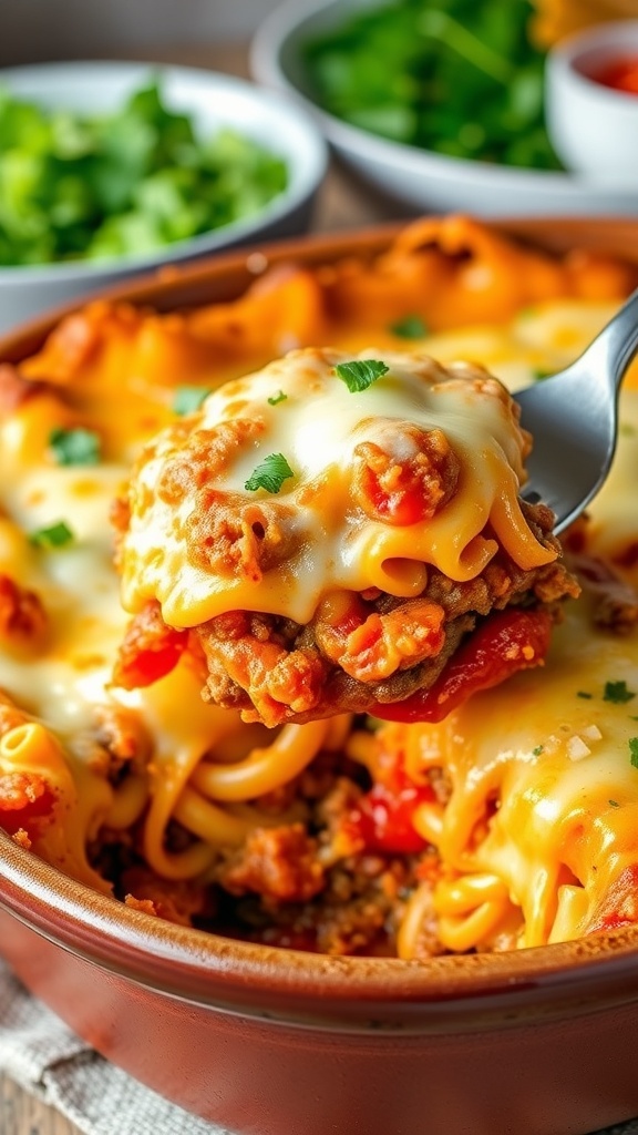 A hearty baked casserole with pasta, ground beef, and melted cheese in a rustic dish, garnished with parsley.